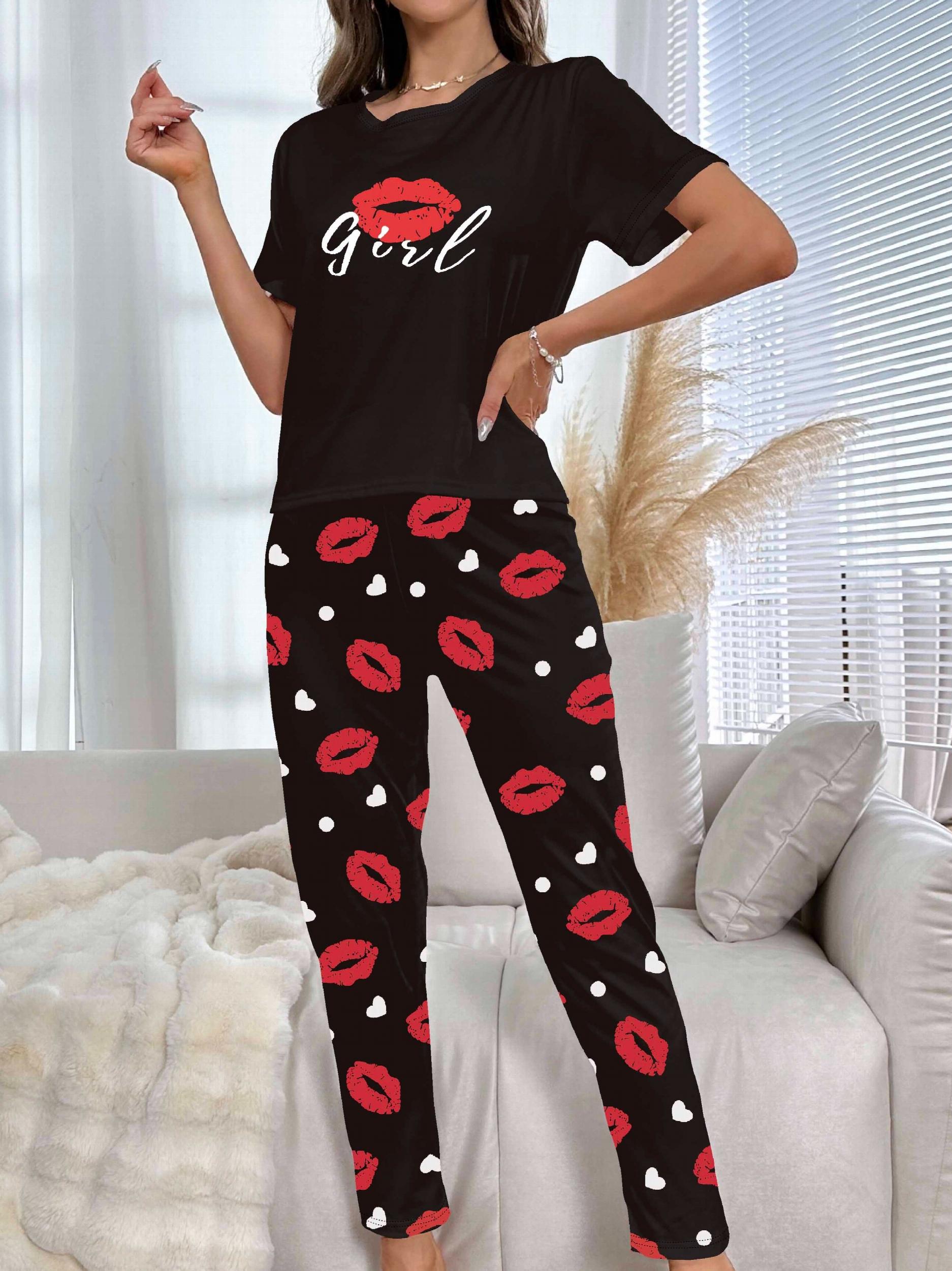 Lips Print Pajama Set Short Sleeve Top & Elastic Waistband Pants