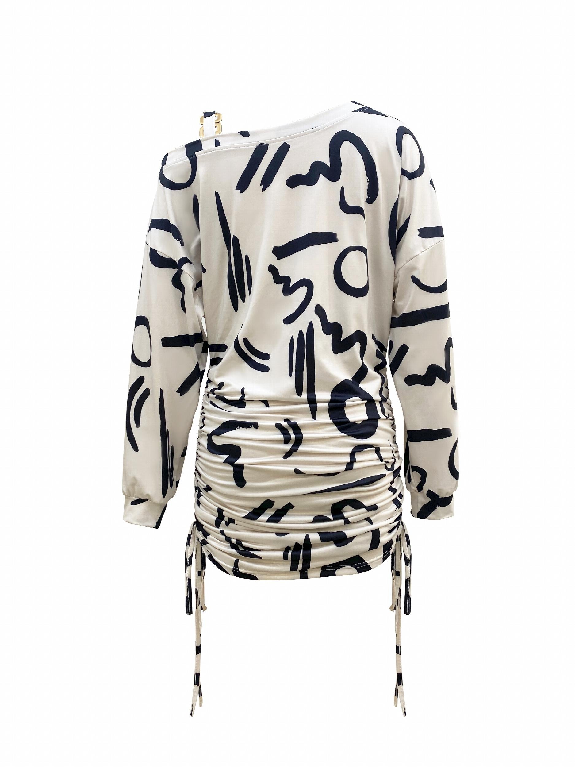 Abstract Print Ruched Dress Casual Chain Linked Long Sleeve