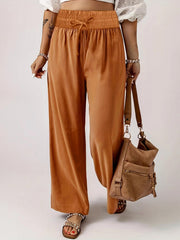  Solid Wide Leg Trousers Elastic Waist Drawstring Casual Pants