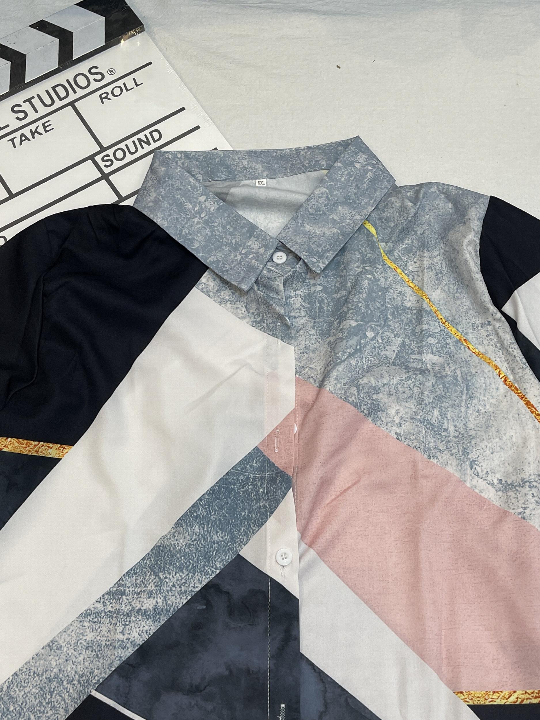  Colorblock Button Up Long Sleeve Blouse