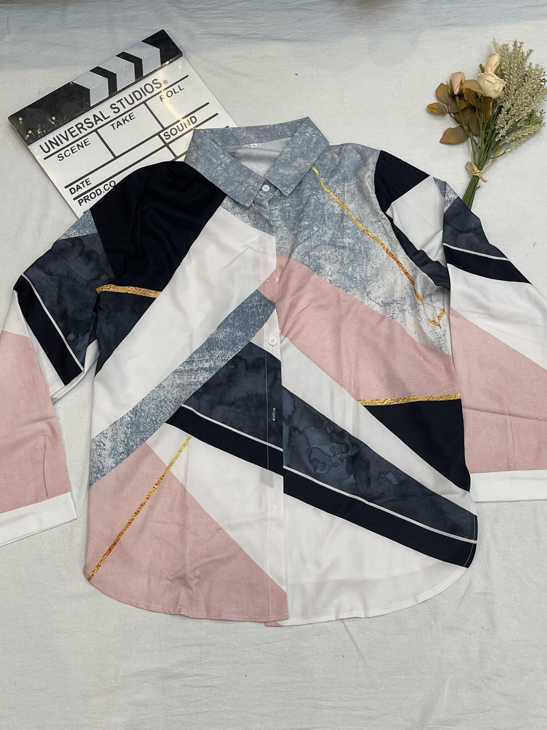  Colorblock Button Up Long Sleeve Blouse