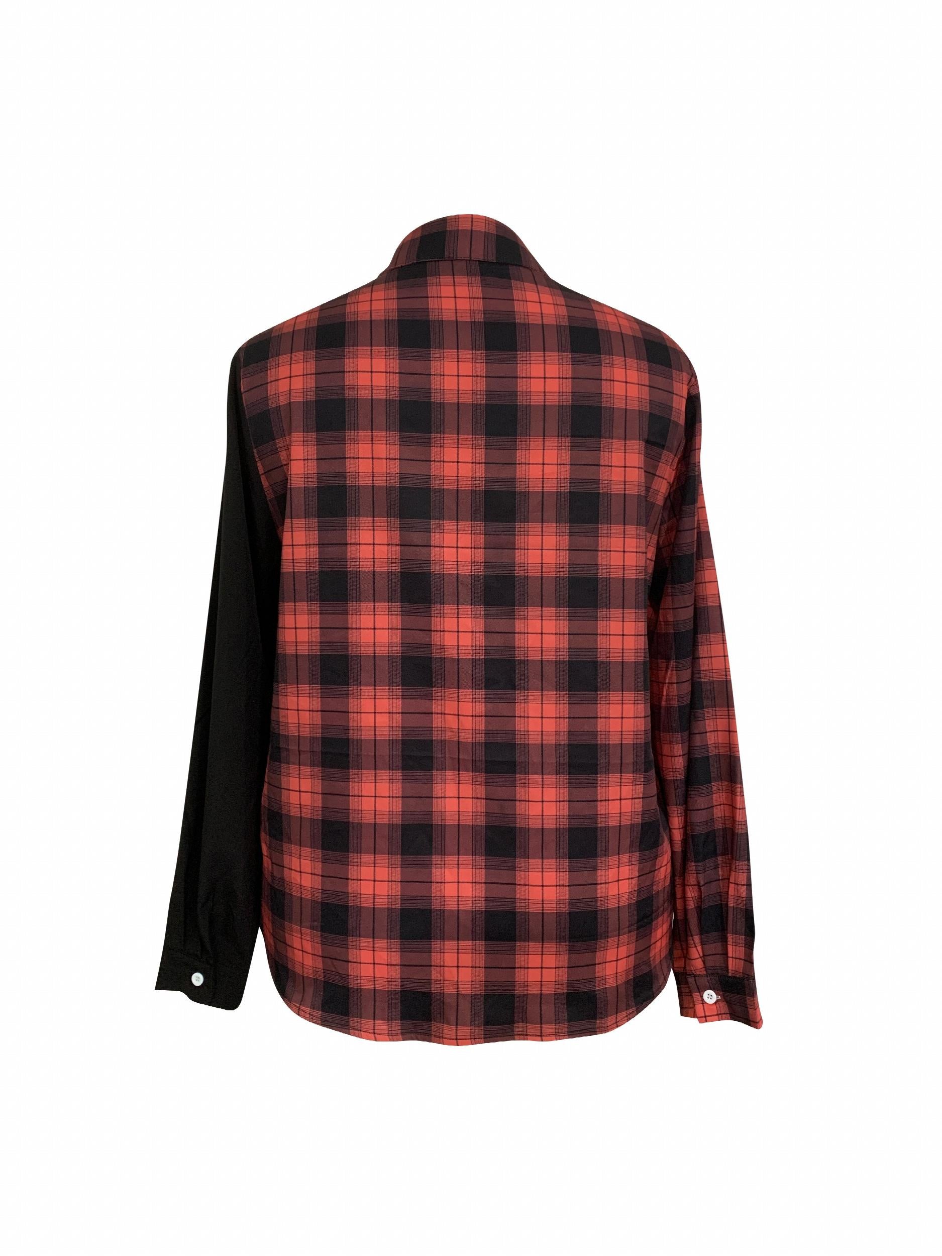  Colorblock Plaid Print Button-Up Blouse