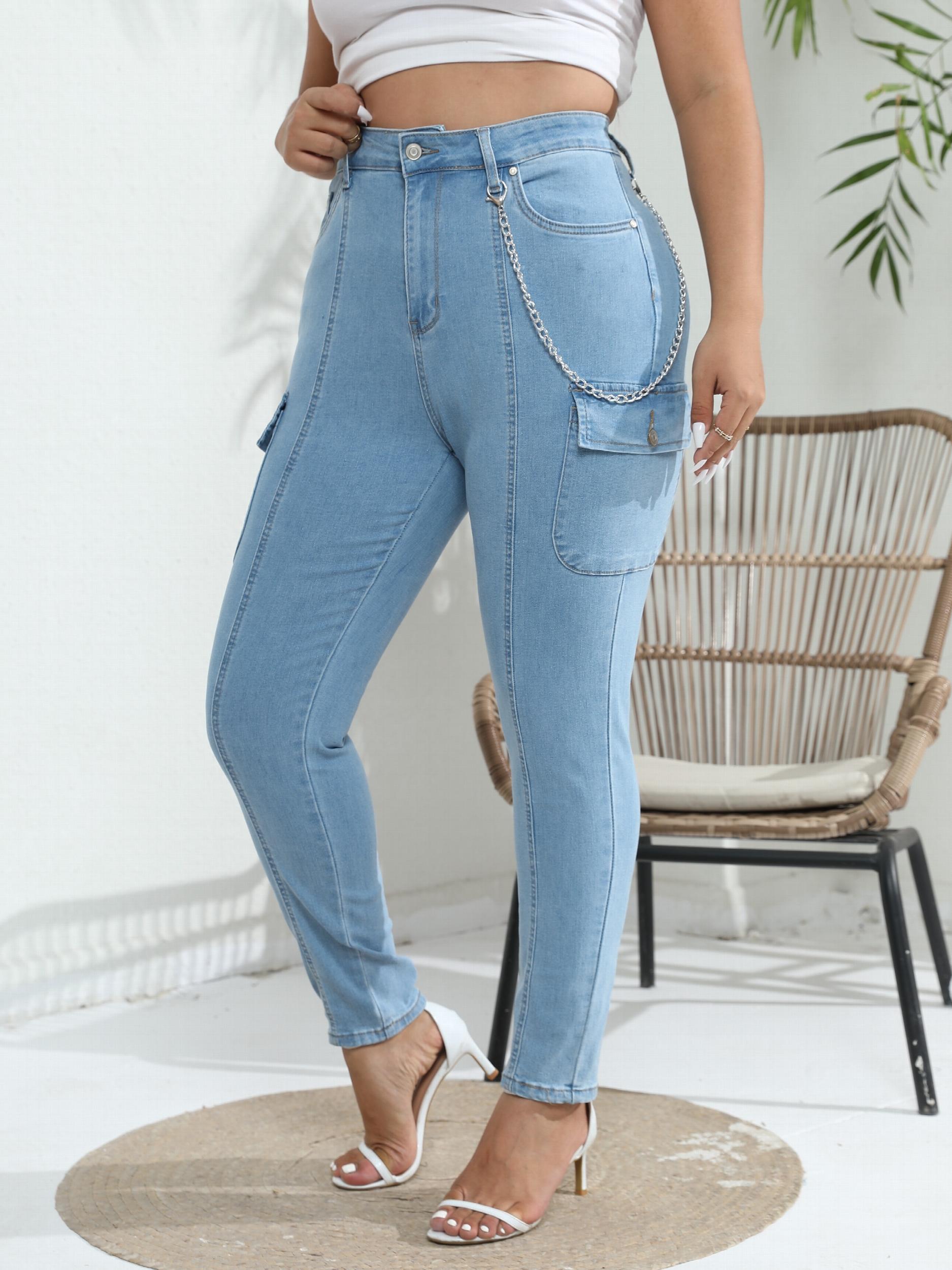  Solid High Rise Skinny Cargo Jeans With Pockets