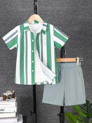 Vertical Stripe Pattern Boy's 2pcs Short Sleeve Shirt & Shorts Set