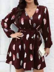 Women's Plus Feather Print Long Sleeve Dress With Belt