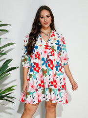  Retro Floral Print V Neck Ruffle Trim Smock Dress