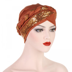 Sequin Pre-tied Turban Cap Crossed Head Wrap Bonnet Solid Beanie Chemo Hats
