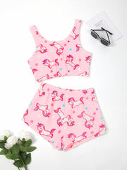  Women's Unicorn & Star Print Flannel Crop Top & Shorts Pajama Set