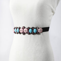 Boho Gemstone Belt Elastic Waistband Vintage PU Leather Dress Coat Girdle