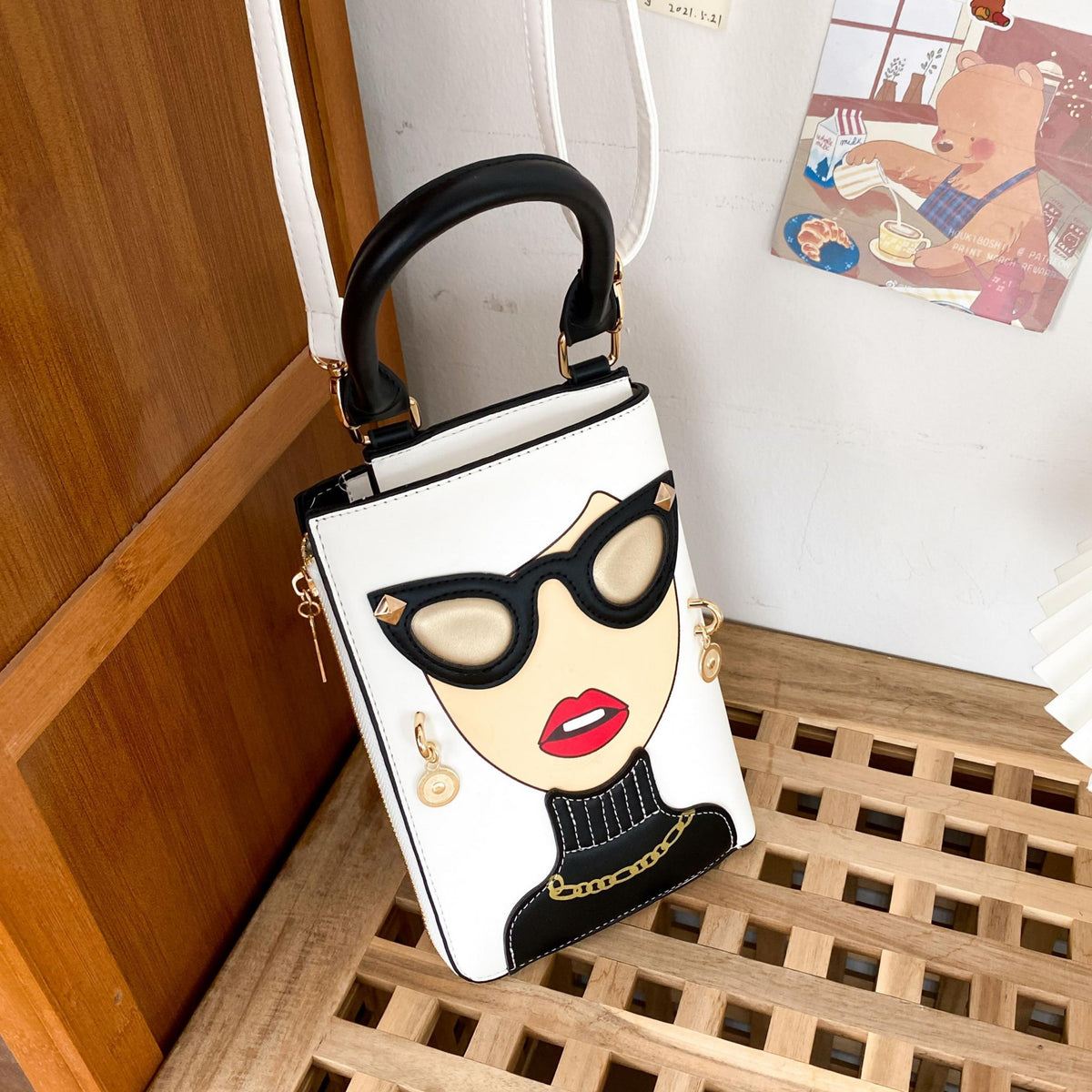 Lady Face Novelty Crossbody Bag PU Leather Textured Phone Bag