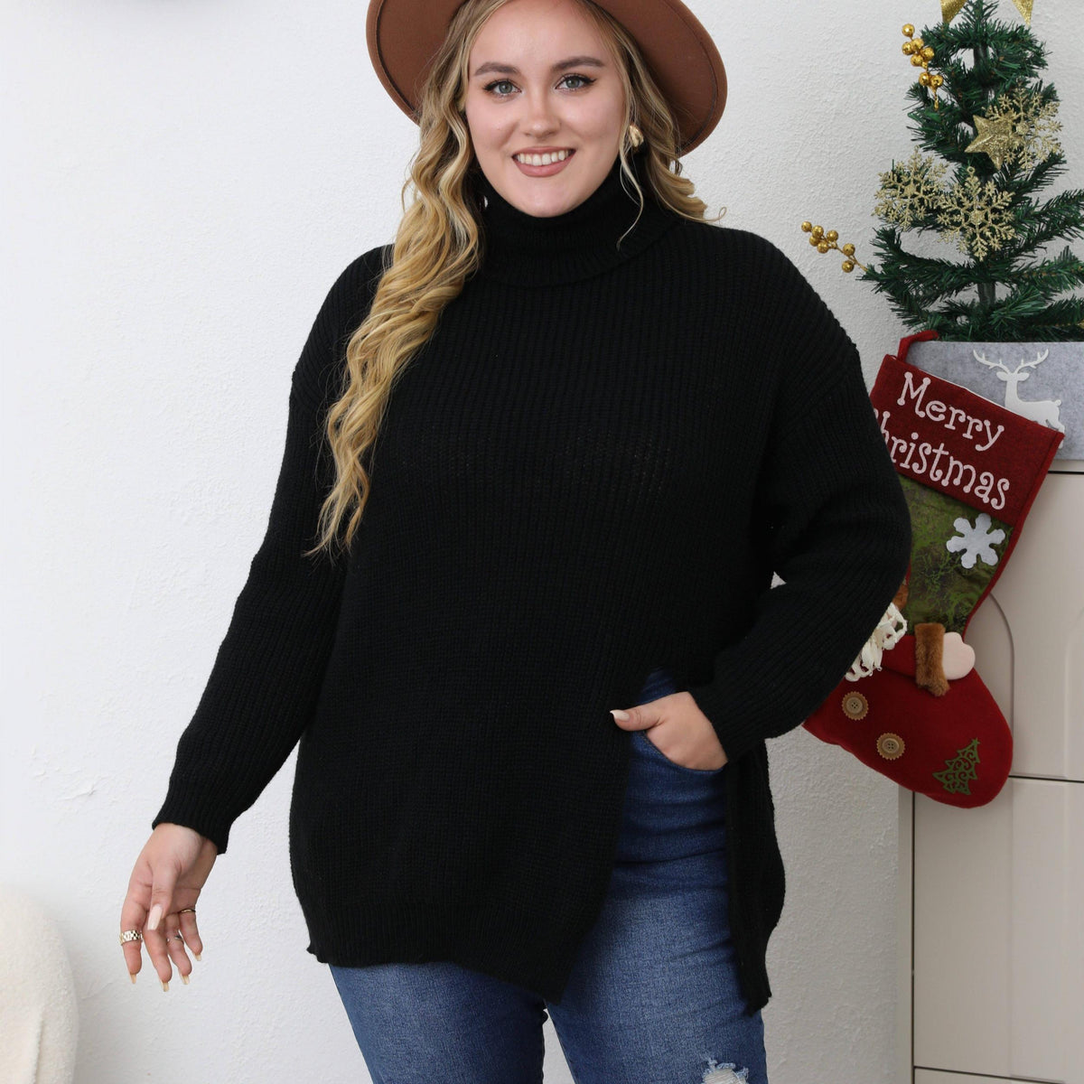  Turtleneck Sweater Long Sleeve Split Knitted Jumper