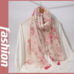 Rose Print Long Scarf Pink Tassel Shawl Windproof Head Wrap