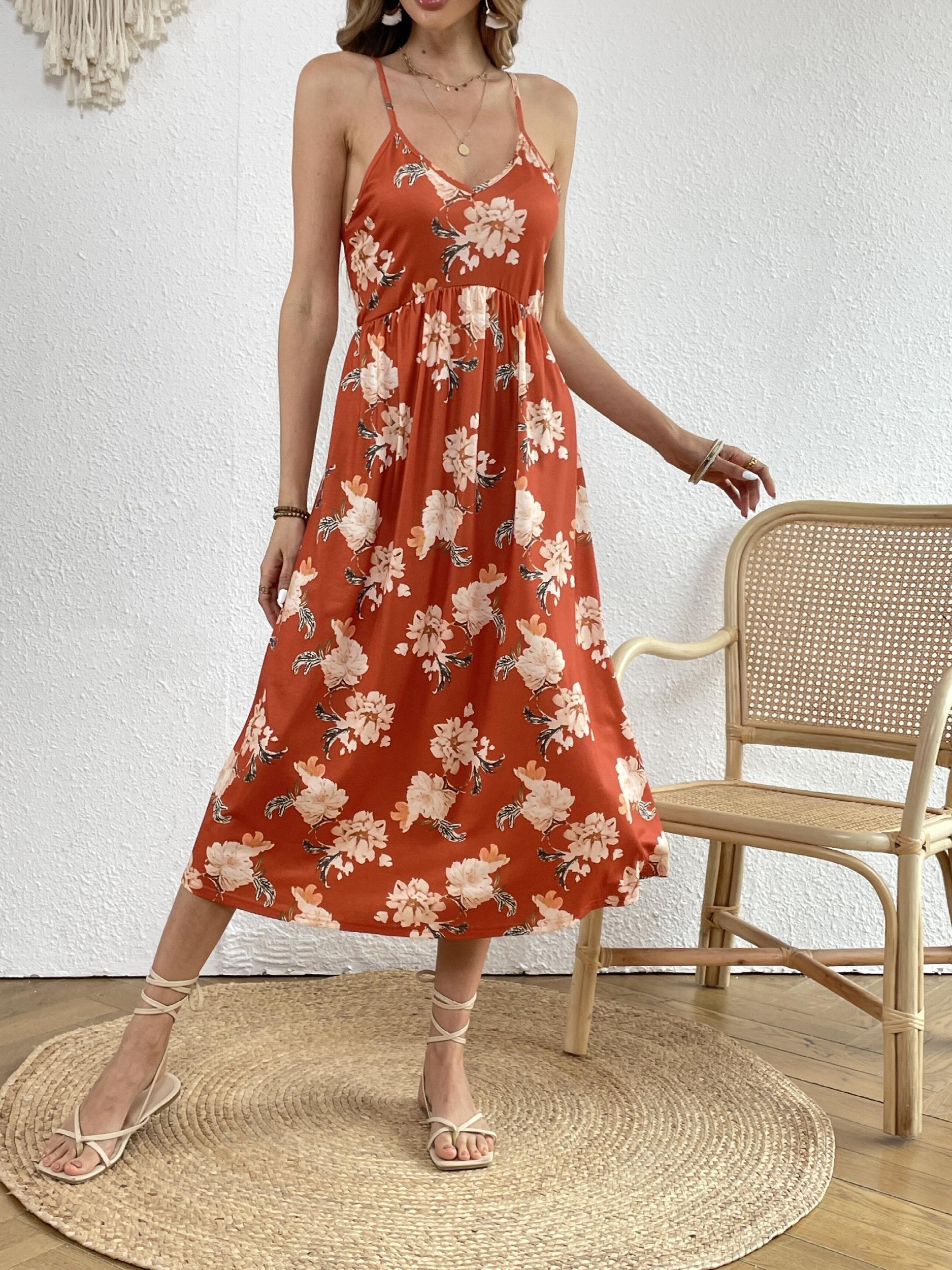 Floral Print Cami Dress Solid Crew Neck Midi Loose Casual Dress