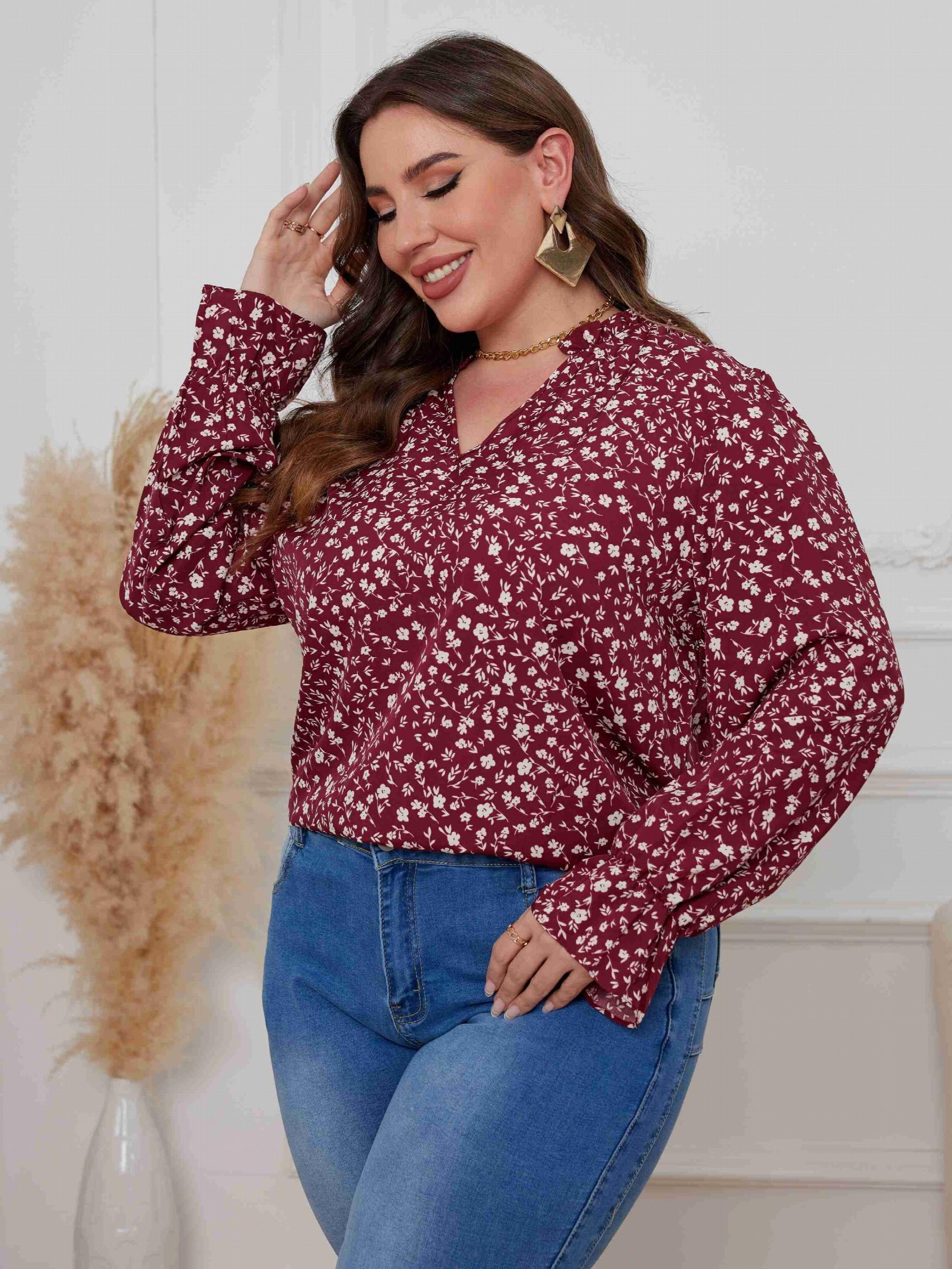  Casual Blouse Women's Plus Ditsy Print Lantern Sleeve V Neck Top