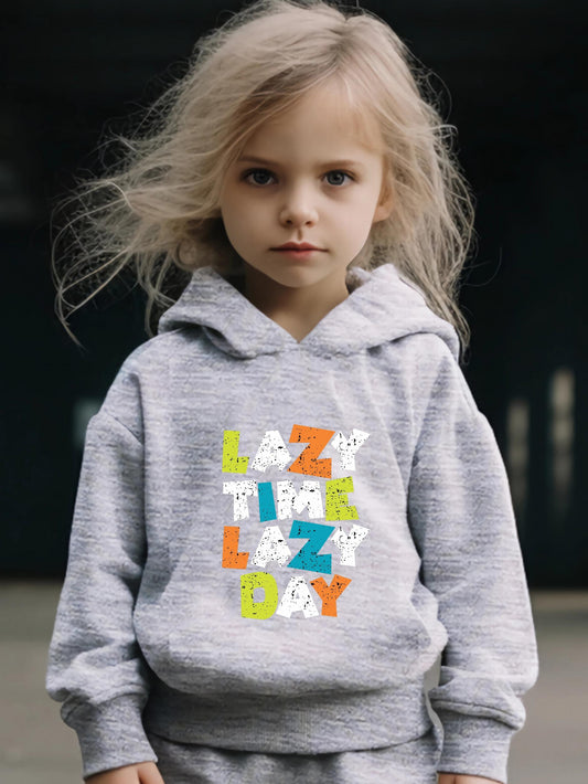 Lazy Time Print Hoodies Jogger Pants Set Girls Sports