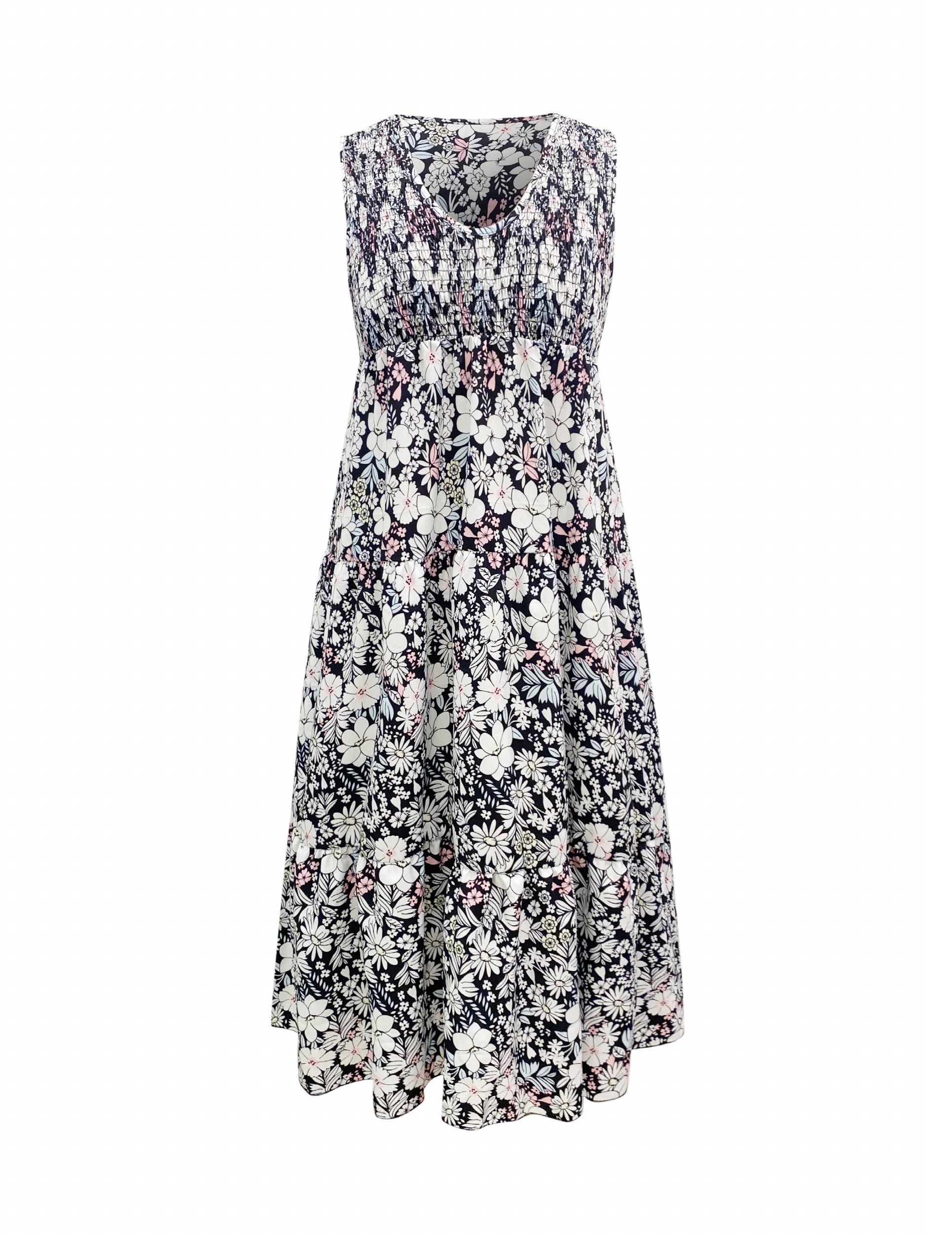  Floral Print V Neck Midi Tank Dress With Pocket