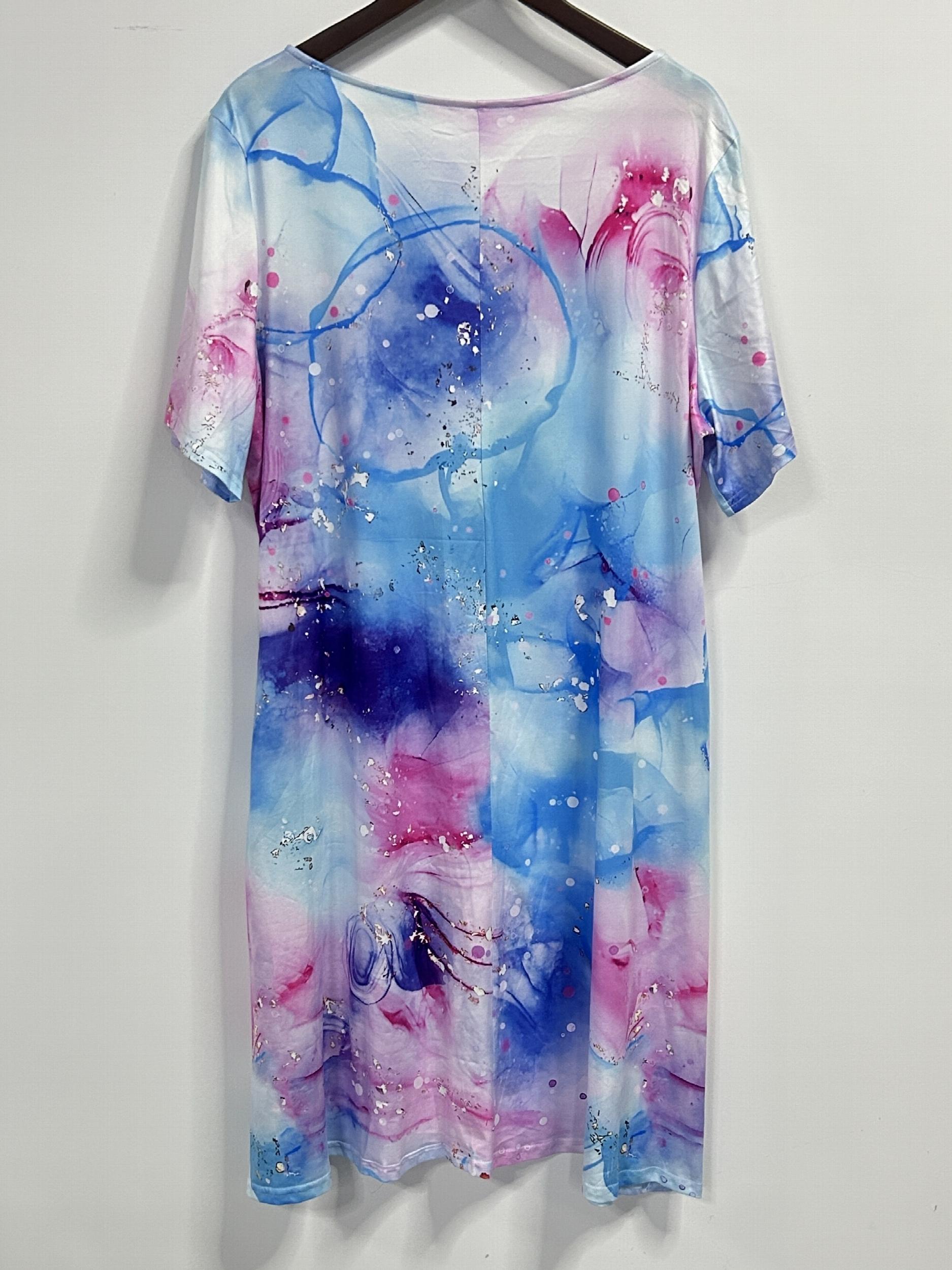  Painting Print Short Sleeve Dress with Pockets