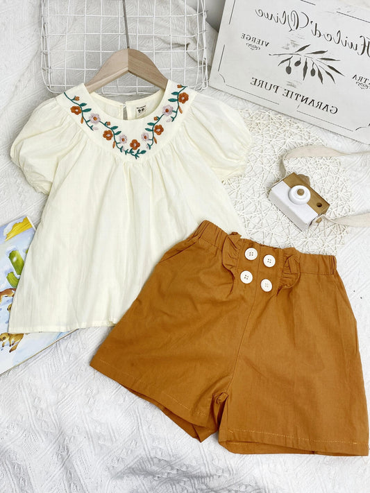 Girls Puff Sleeve Flowers Embroidery Blouse Top & Button Ruffles Shorts