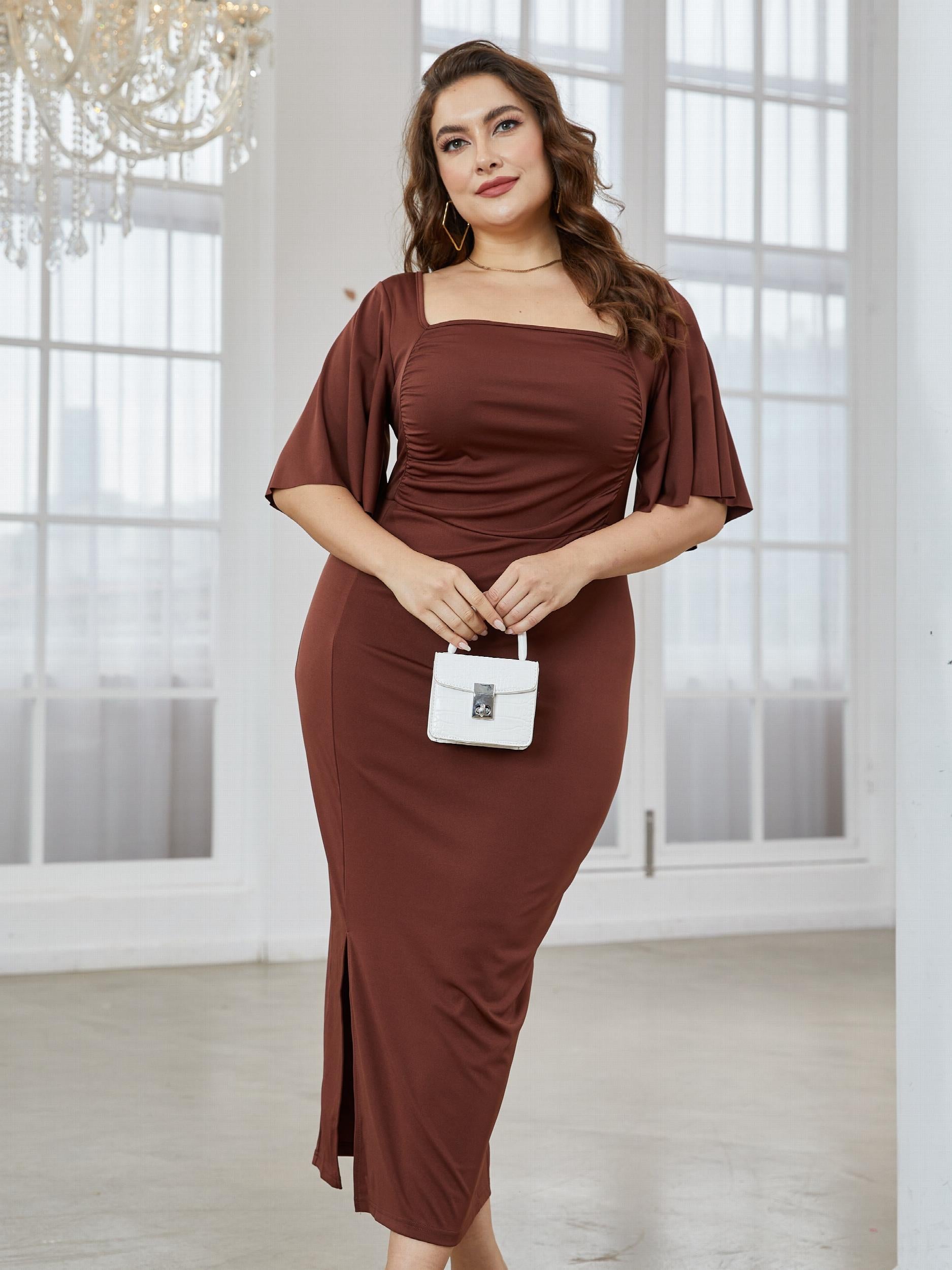  Dress Women's Plus Solid Butterfly Sleeve Square Neck