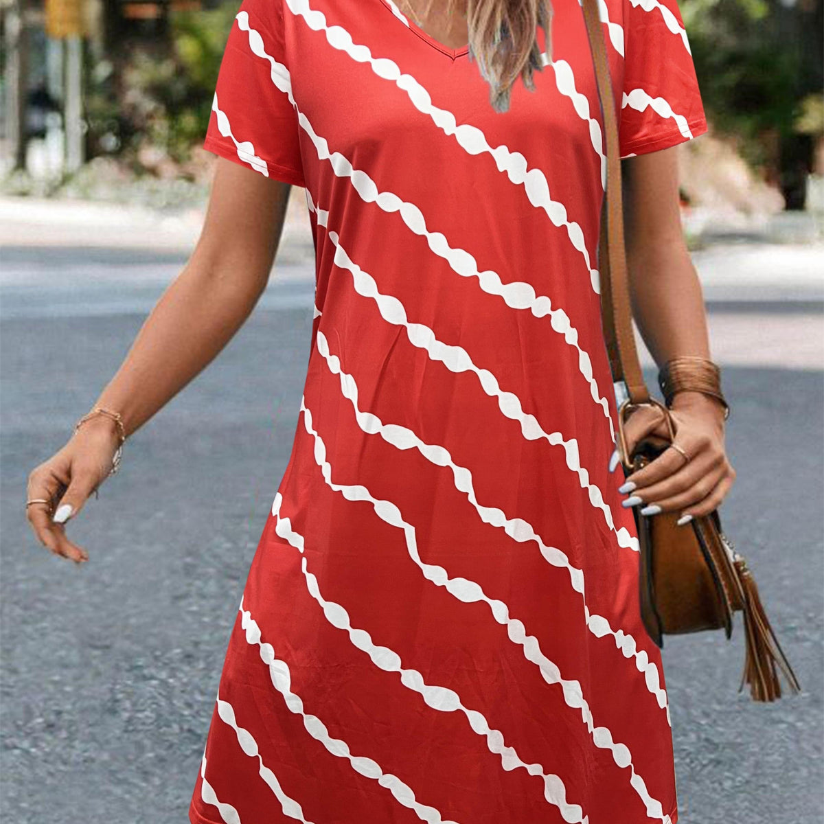 Stripe Print V Neck Medium Stretch Dress