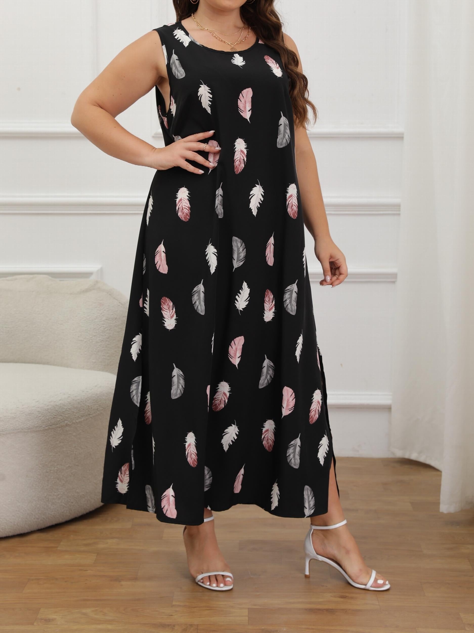 Feather Print Round Neck Split Maxi Dress
