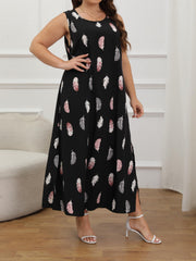 Feather Print Round Neck Split Maxi Dress