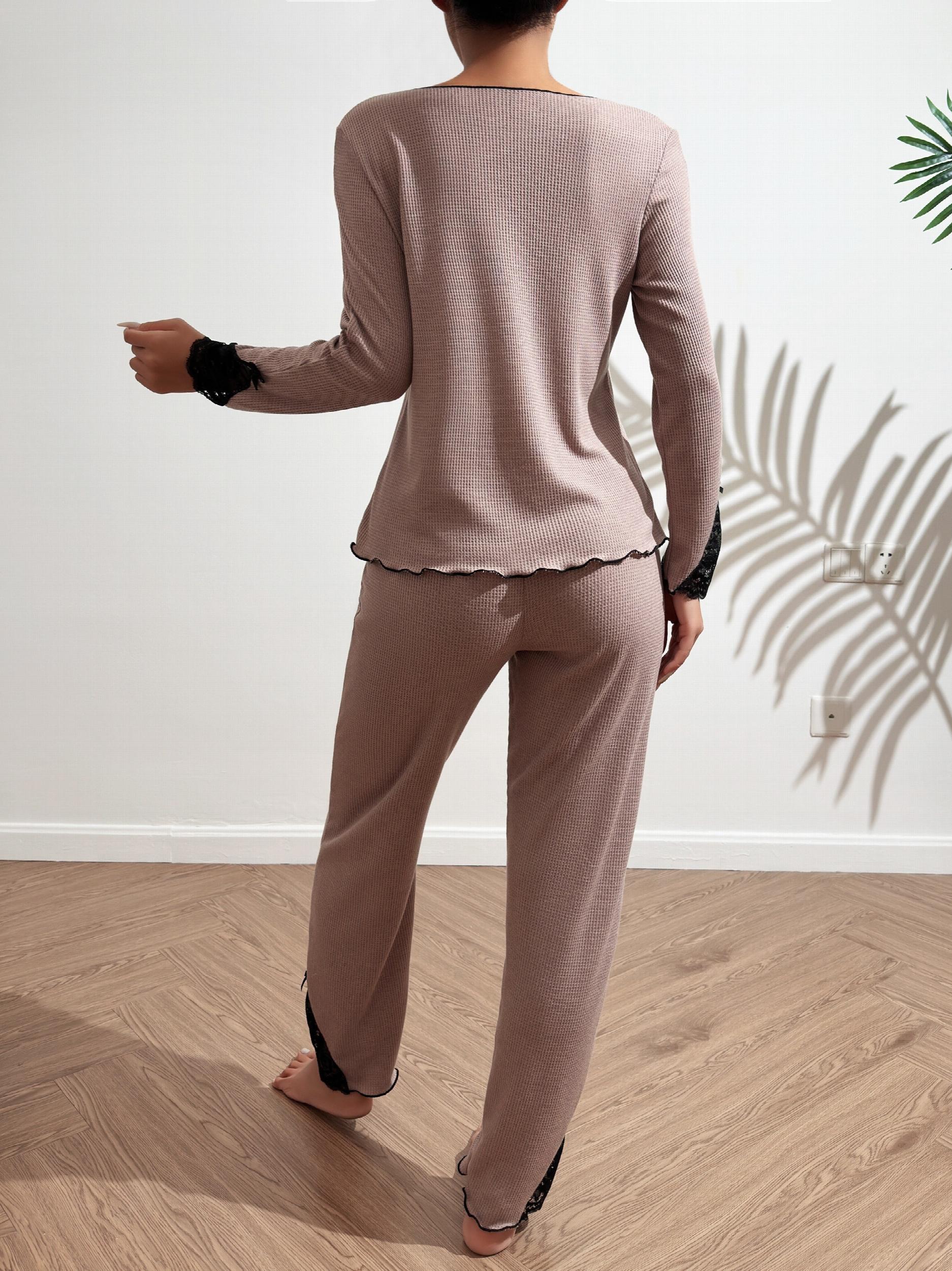 Lace Stitching Pajama Set Long Sleeve Top & Cozy Pants Women's Sleepwear