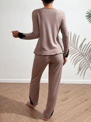 Lace Stitching Pajama Set Long Sleeve Top & Cozy Pants Women's Sleepwear