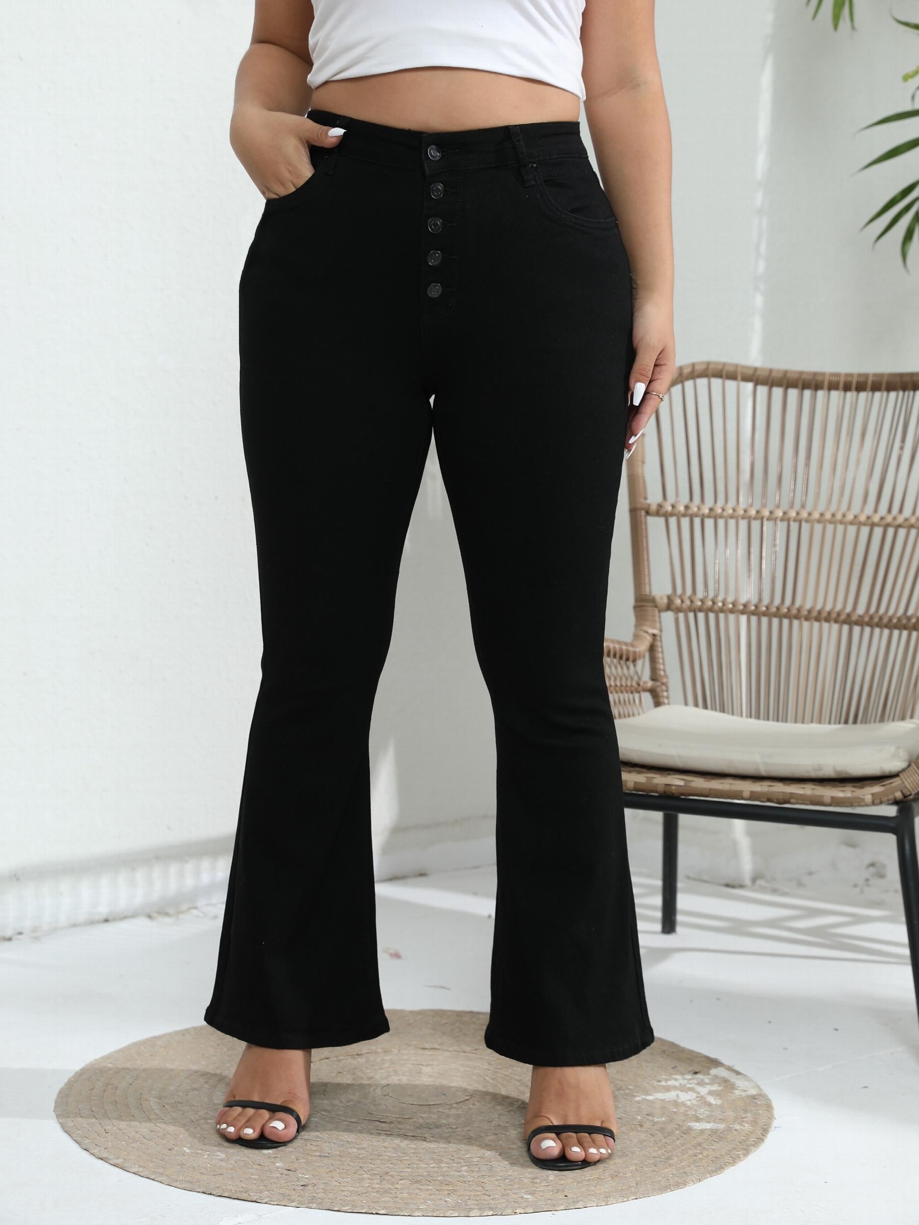  Solid Button Up Flared Leg High Waisted Stretch Jeans