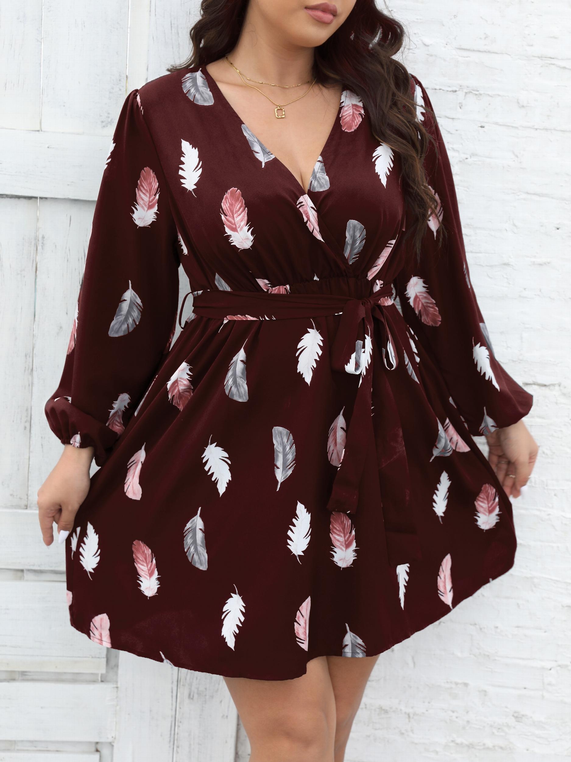 Women's Plus Feather Print Long Sleeve Dress With Belt
