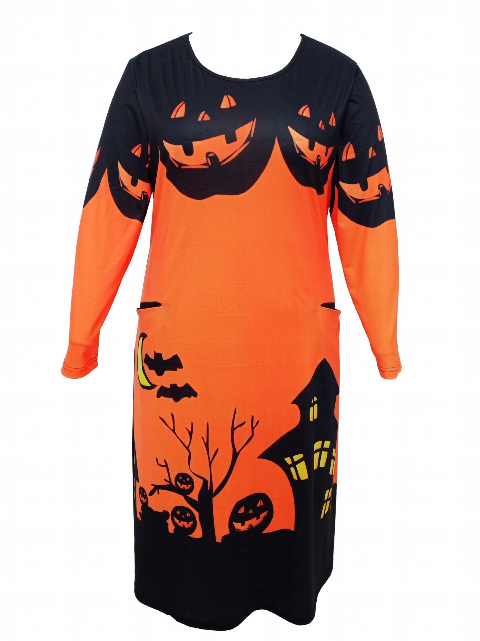 Women's Plus Horror Pumpkin Bat Castle Print Long Sleeve Dress
