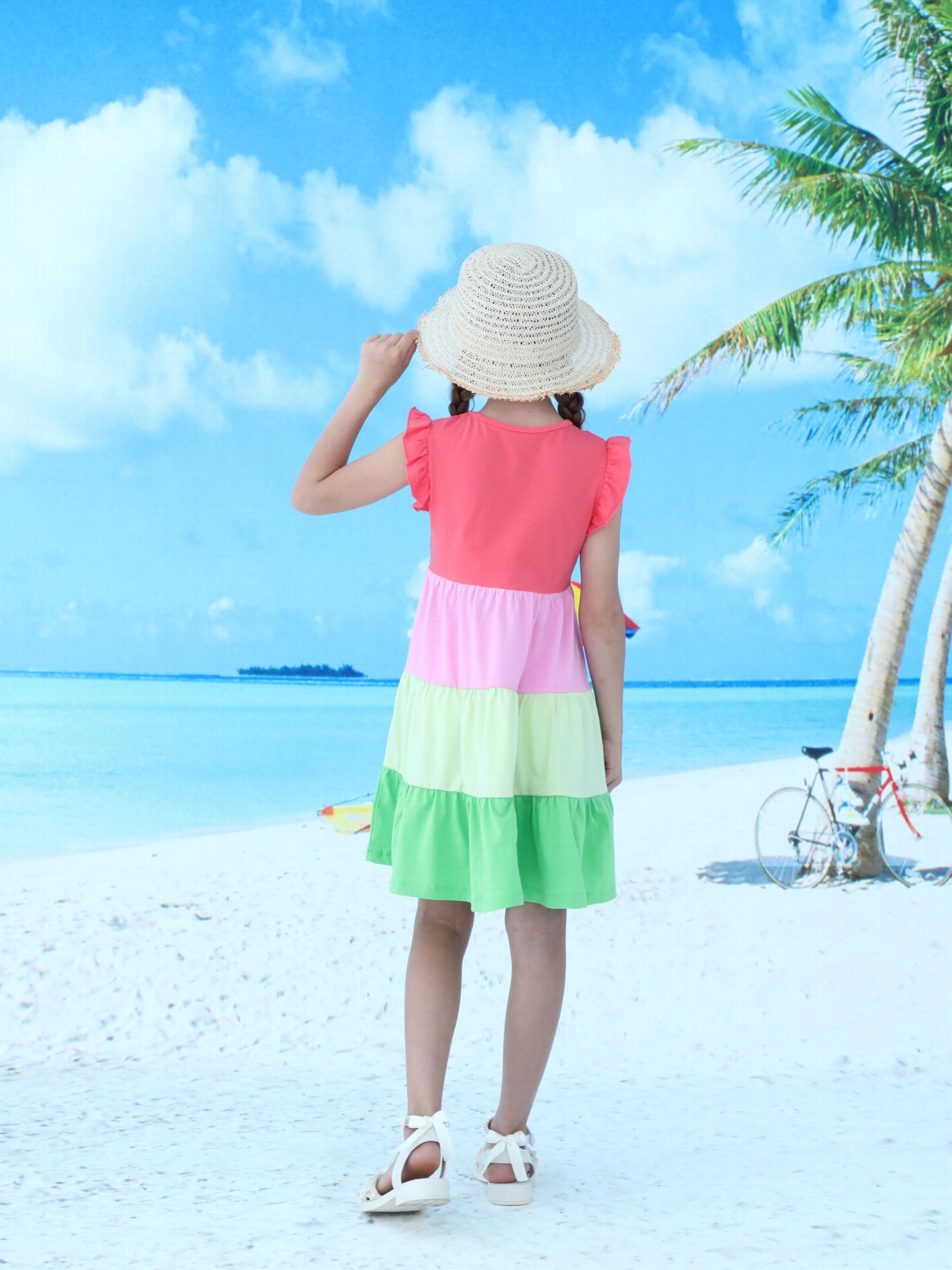 Girls Ruffled Sleeves Crew Neck Block Cotton Loose Dress