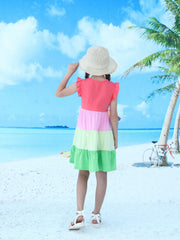 Girls Ruffled Sleeves Crew Neck Block Cotton Loose Dress