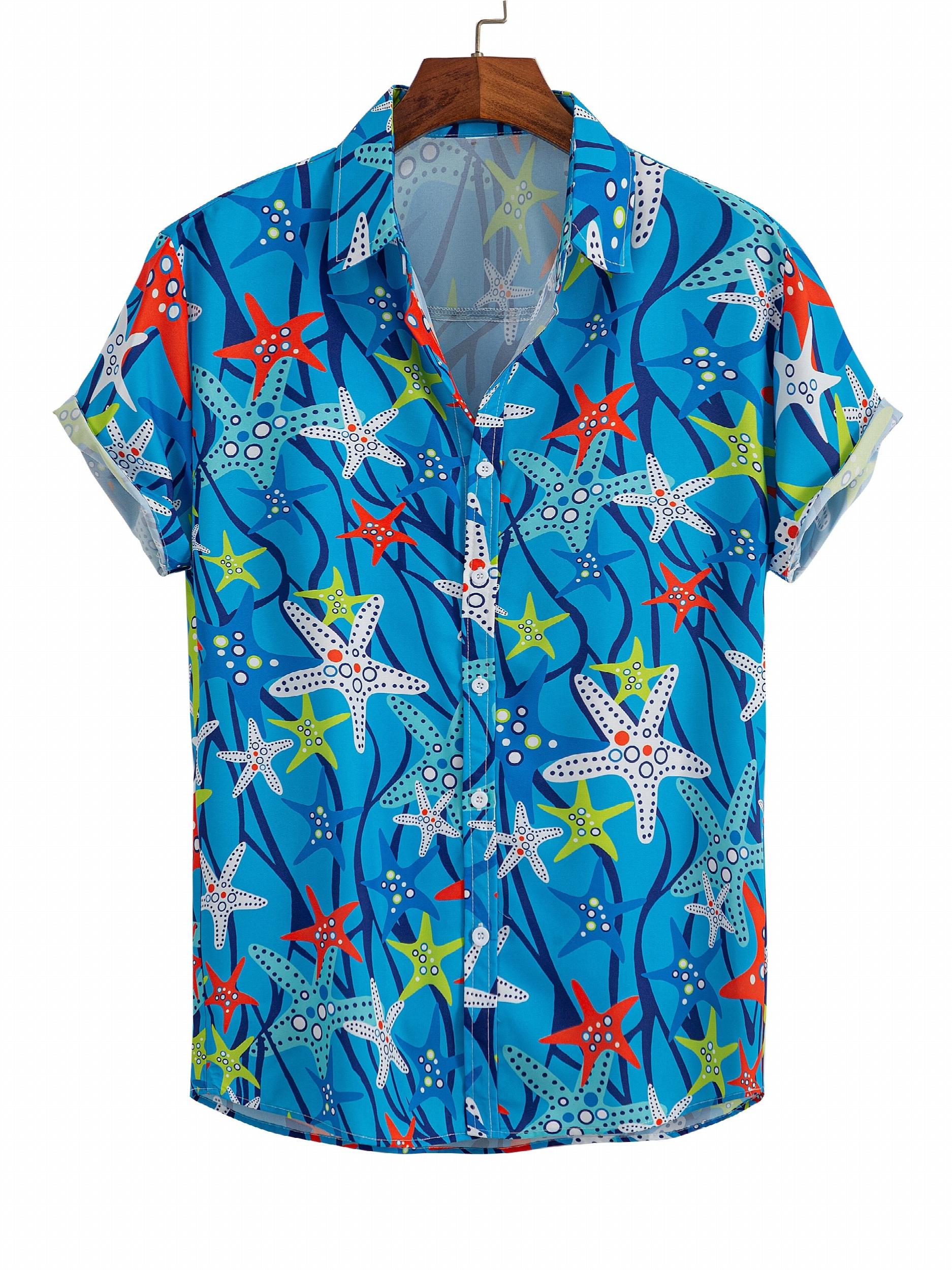 Men's Starfish Print Button Up Shirt for Beach Summer