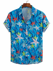 Men's Starfish Print Button Up Shirt for Beach Summer