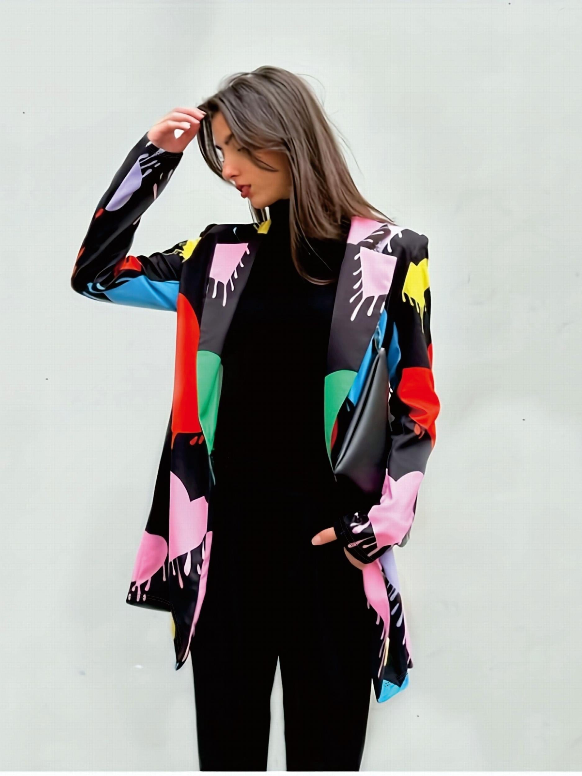  Heart Print Long Sleeve Casual Blazer