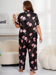  Floral Print Satin Pajamas Set Short Sleeve Shirt & Pants Home Wear
