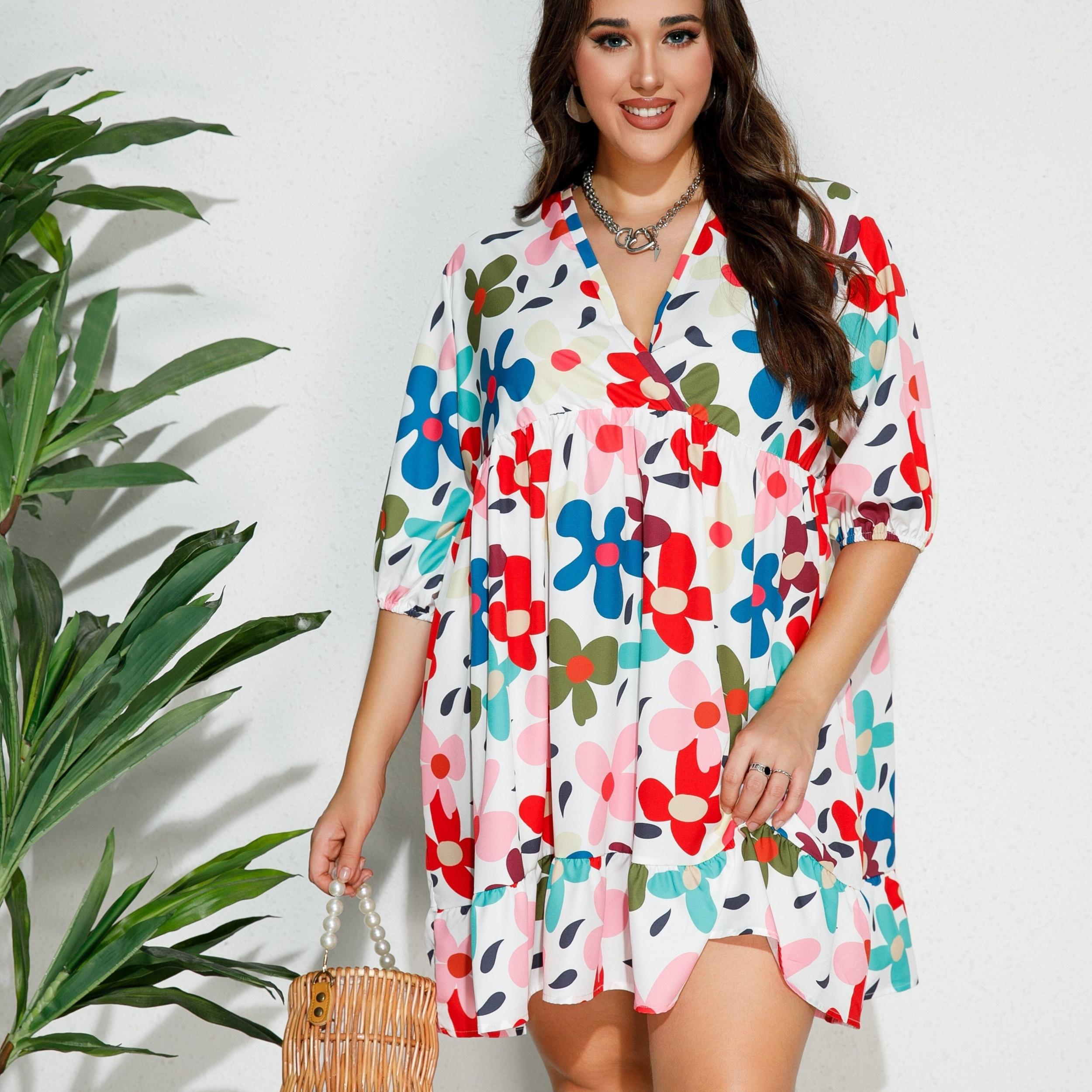  Retro Floral Print V Neck Ruffle Trim Smock Dress