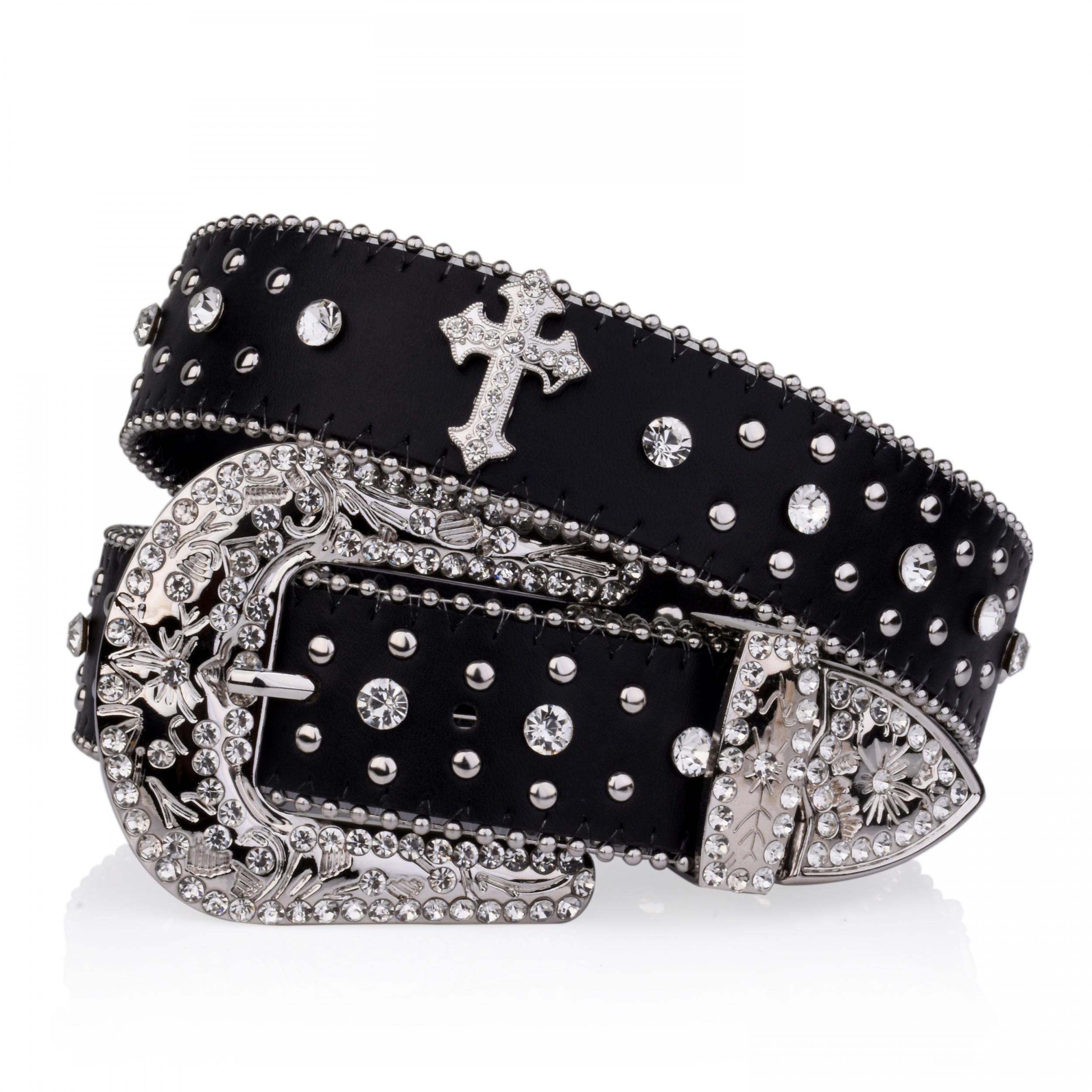 Rivet Belt Engraved Buckle Rhinestone PU Belt