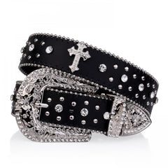 Rivet Belt Engraved Buckle Rhinestone PU Belt