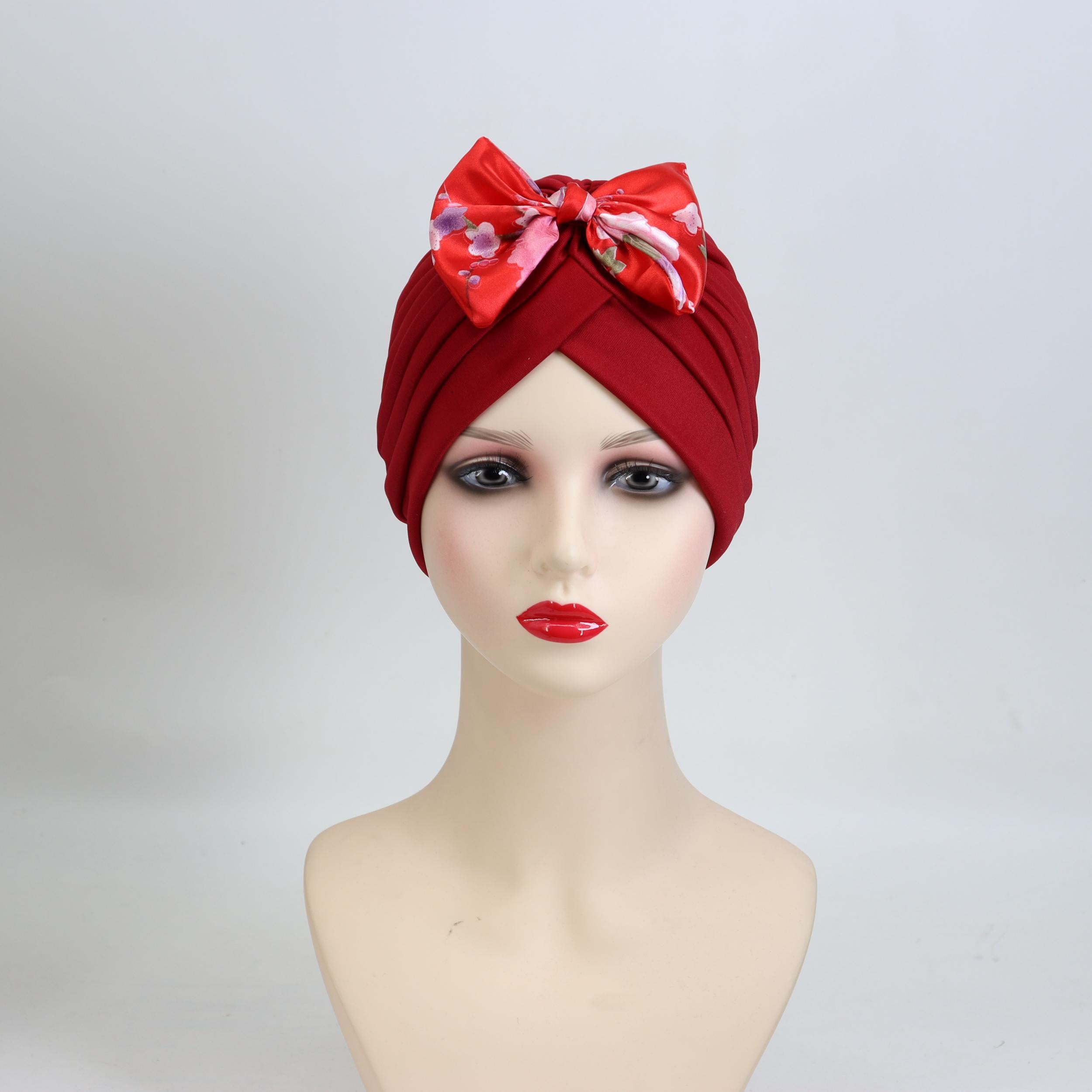 Satin Bow Turban Cap Head Wrap Bandana Headwear Women Beanie Hats