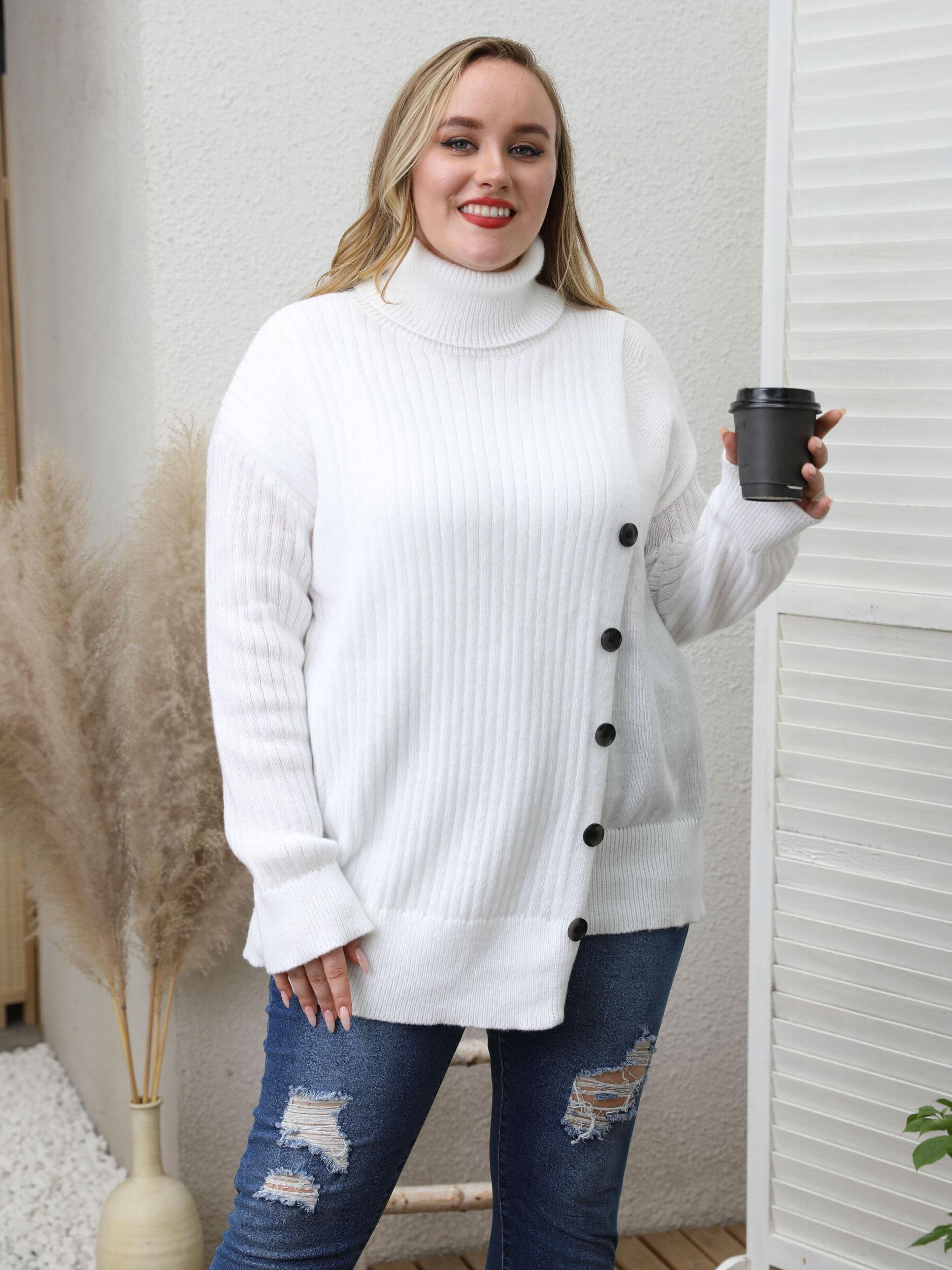  High Neck Casual Sweater Solid Cable Button Long Sleeve