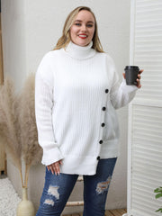  High Neck Casual Sweater Solid Cable Button Long Sleeve