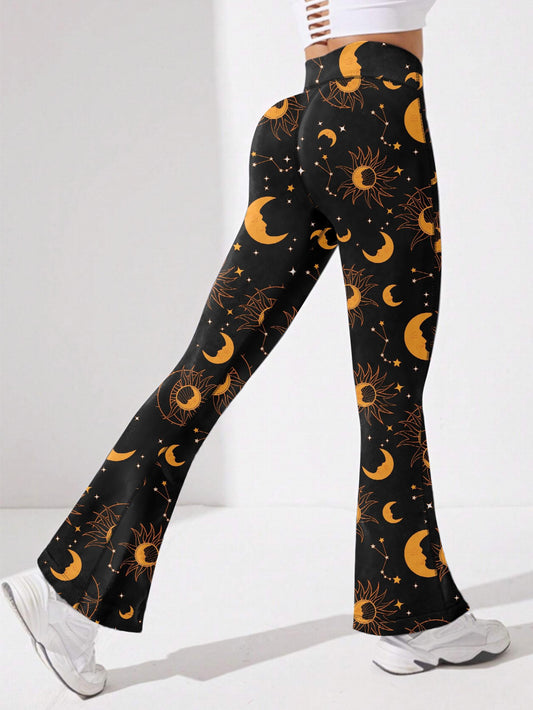 Moon & Star Print Flared Yoga Pants High Stretch Sports Trouser