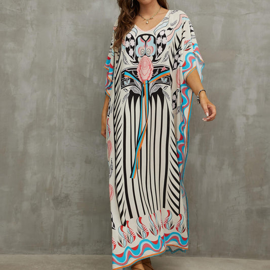  Boho Cover Up Dress Women's Plus Floral Print Bat Sleeve V Neck