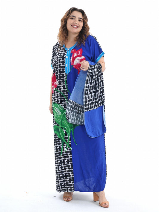 Plus Size Ramadan Kaftan Dress Set Geometric Floral Print