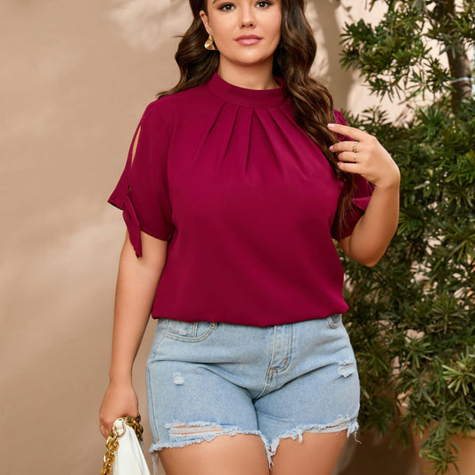  Solid Mock Neck Ruched Tie Sleeve Blouse