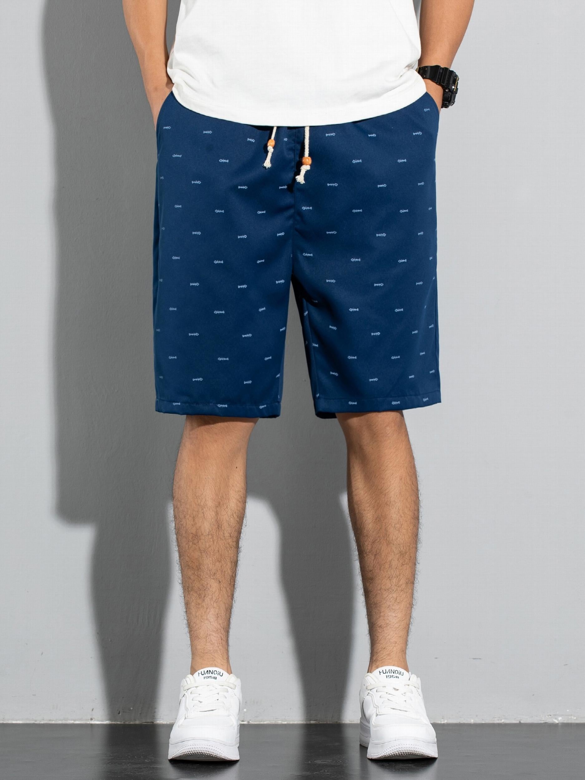 Fish Bone Allover Print Shorts Men's Casual Solid Shorts