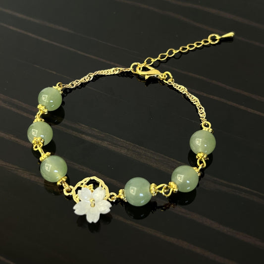 Peach Blossom Green Bead Bracelet - Chinese Style