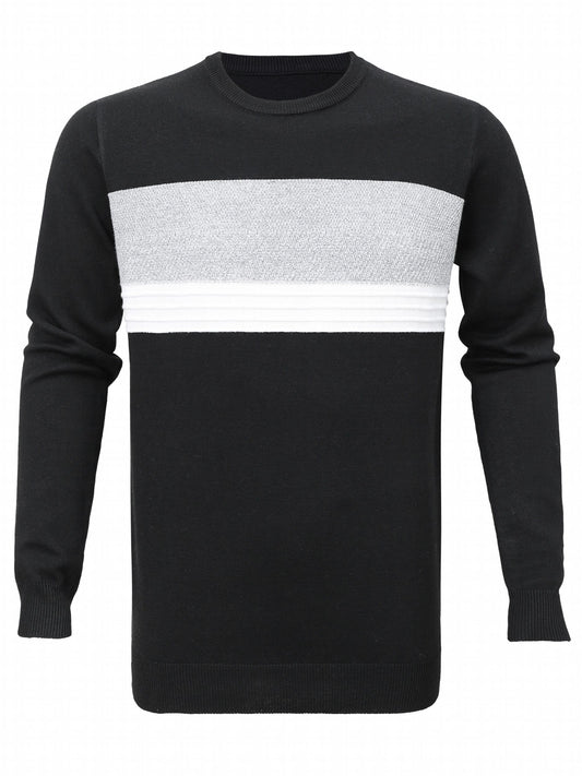 Knitted Block Crew Neck Sweater Men's Casual Warm Pullover